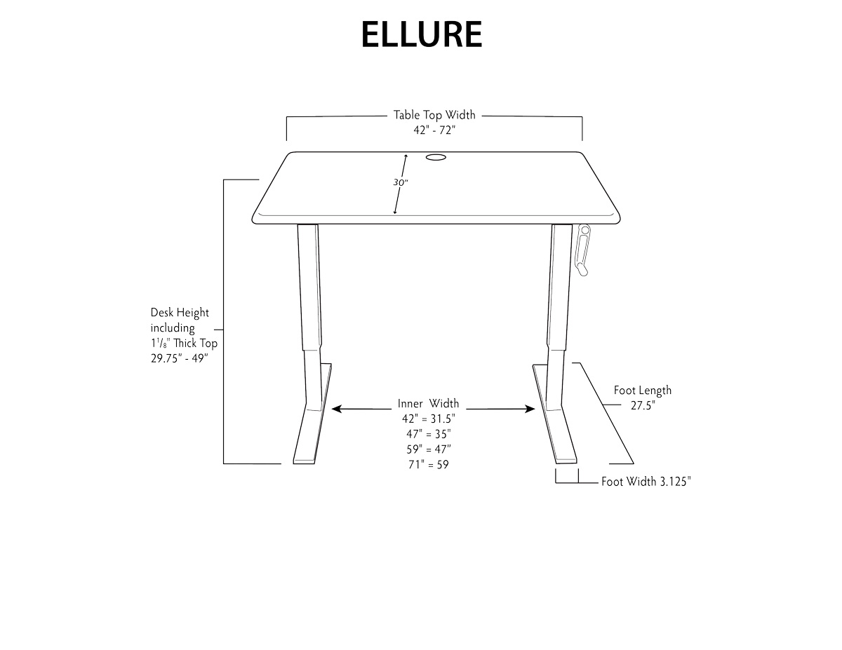 Ellure Stand UpDesk Dimensions
