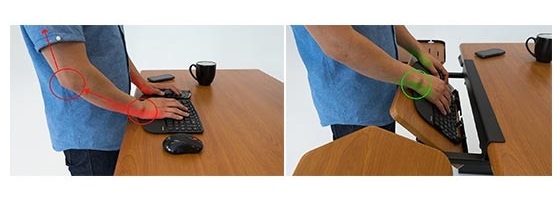 Comparison between keyboard tray setup with no negative tilt on the left and correct negative tilt on the right.