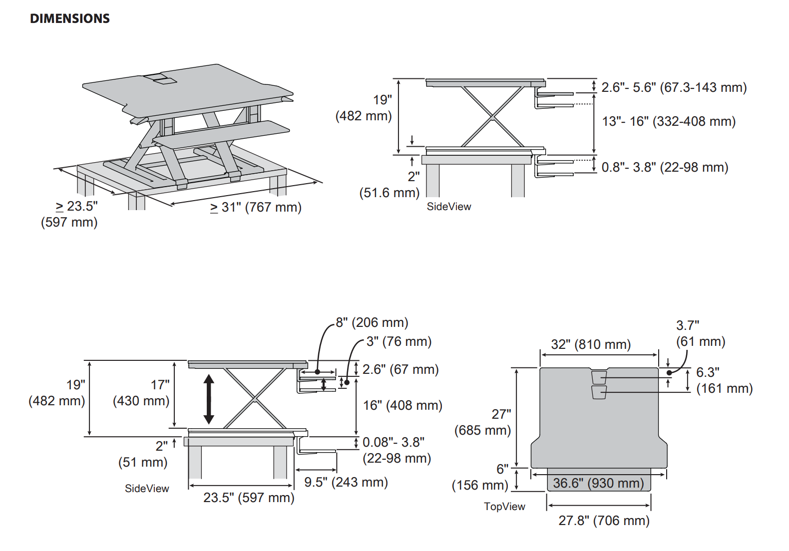 Ergotron WorkFit TX Dimensions