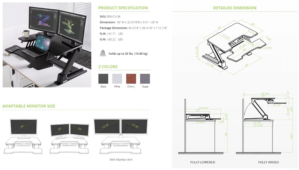 Eureka 36 Gen2 Standing Desk Converter Specs