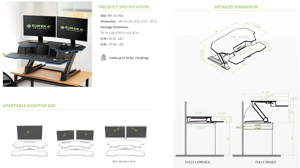 Eureka 46 XL Standing Desk Converter Specs