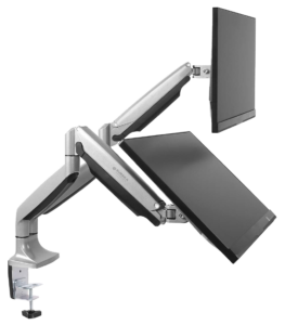 A dual monitor arm with two independent arms that attach into a hub in the edge clamp.