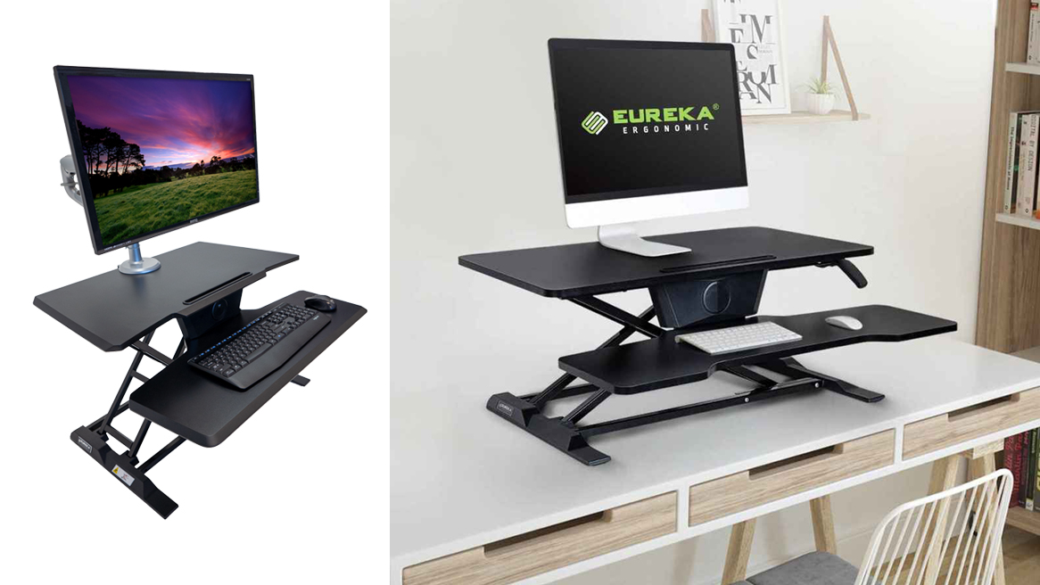 Eureka Ergonomic Standing Desk Patented Gas Spring Sit to Stand Desk Converter Easy-to-use Dual Monitors Desk Riser 32 Black 